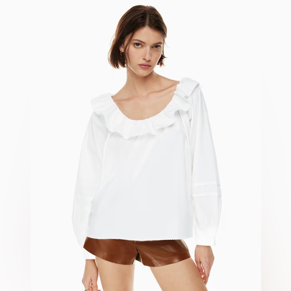Aritzia Wilfred Verbena Poplin White Cotton Ruffle Boho Casual Relaxed Blouse L - Picture 5 of 17